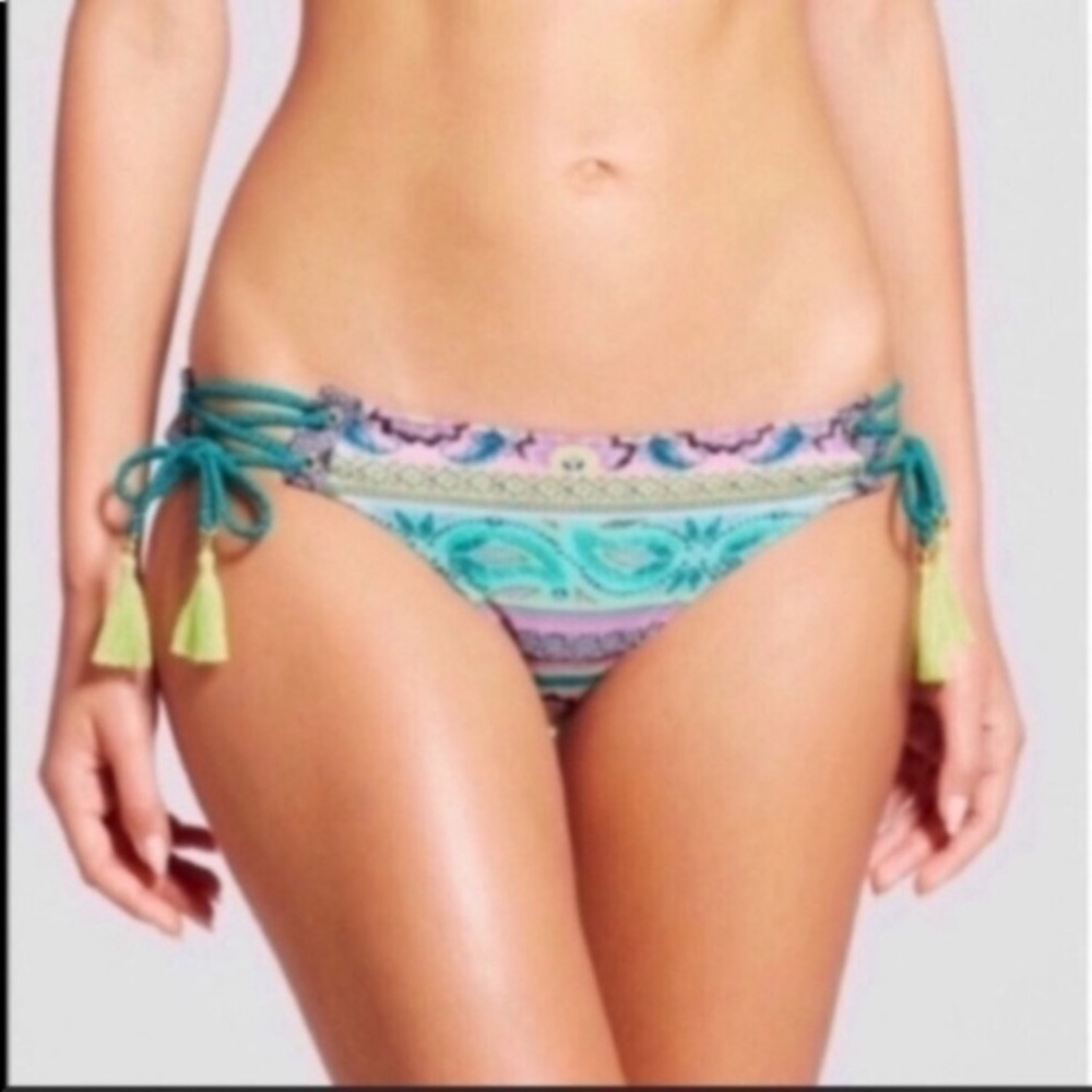 Shade & Shore Boho Tie Side Bikini Bottoms Tassel Green Print Women’s XS